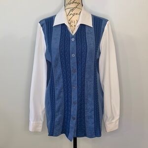 CANDA twofer mixed media faux suede cable button front shirt see measurements